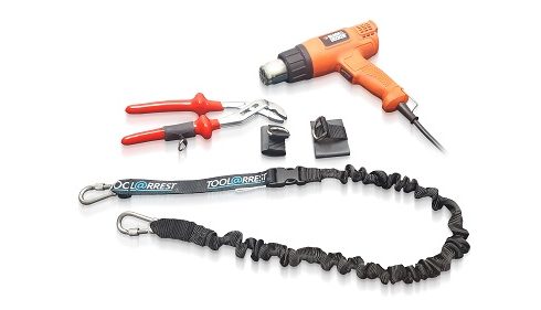 Orange drill with heat shrink tether and tool lanyard for height safety