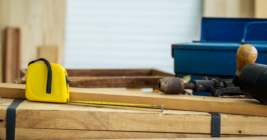 Tools and tape measure on work desk